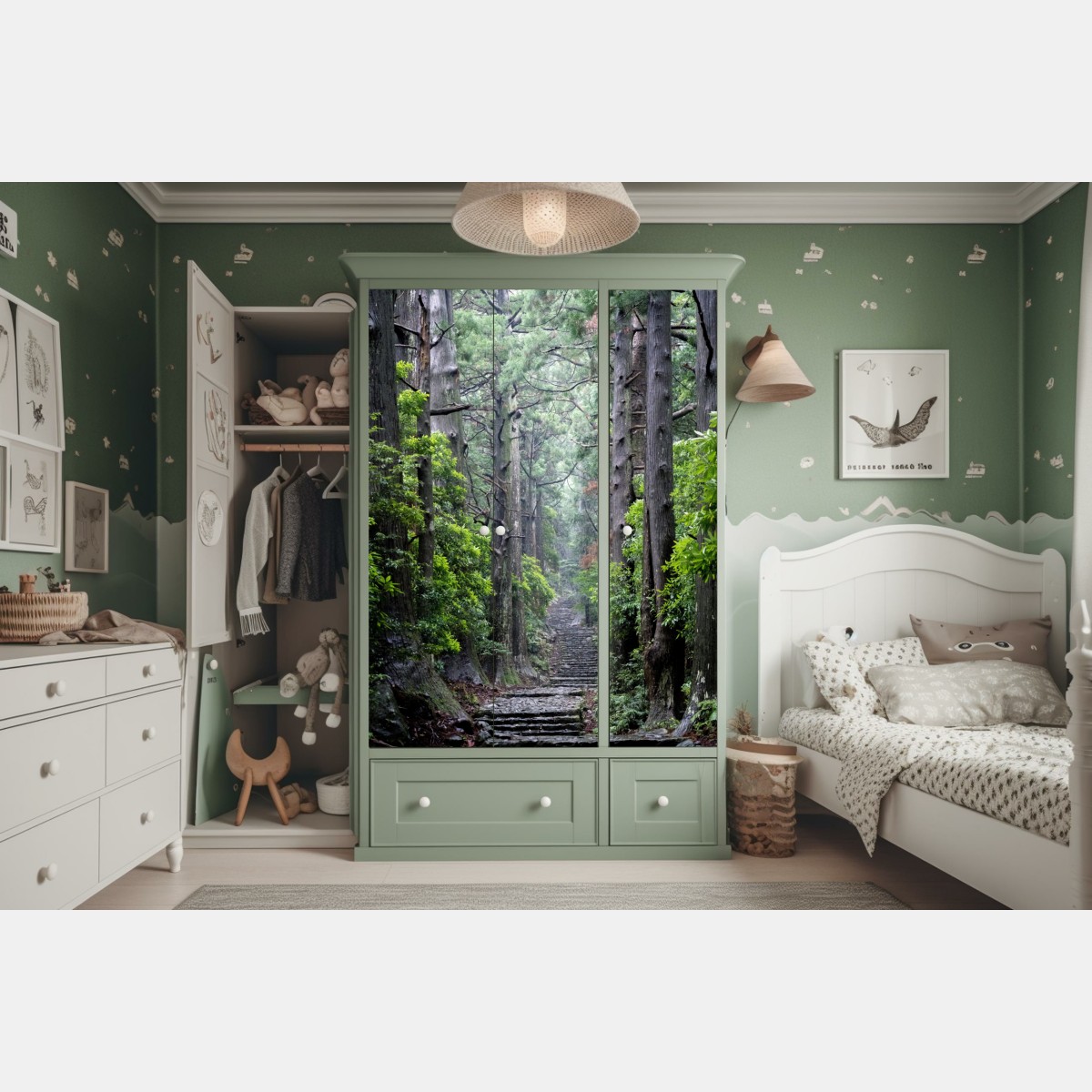 Naklejka na szafę mistyczna ścieżka leśna między starymi drzewami – Wallissimo® Naklejka na szafę mistyczna ścieżka leśna między starymi drzewami – Wallissimo®