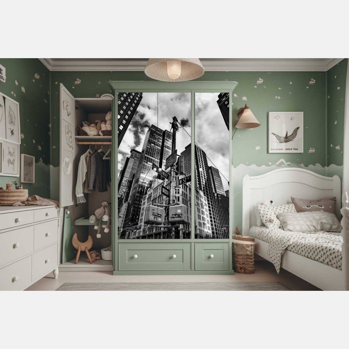 Naklejka na szafę Broadway i W 57 St — miejska panorama w czerni i bieli – Wallissimo® Naklejka na szafę Broadway i W 57 St — miejska panorama w czerni i bieli – Wallissimo®