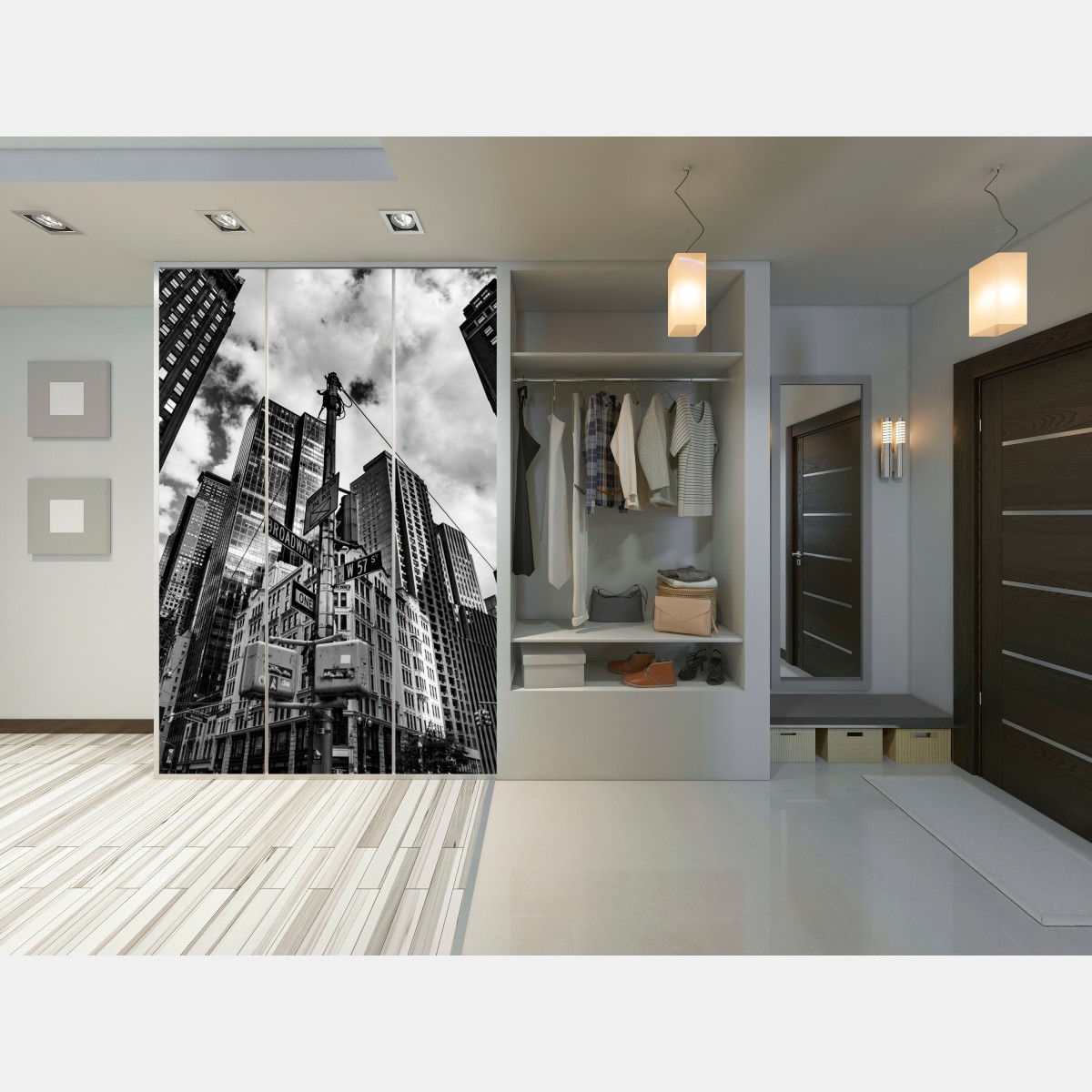 Naklejka na szafę Broadway i W 57 St — miejska panorama w czerni i bieli – Wallissimo® Naklejka na szafę Broadway i W 57 St — miejska panorama w czerni i bieli – Wallissimo®