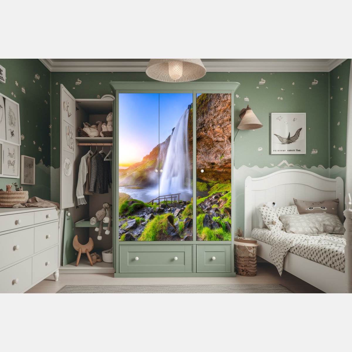 Naklejka na szafę Seljalandsfoss wodospad o zachodzie słońca – Wallissimo® Naklejka na szafę Seljalandsfoss wodospad o zachodzie słońca – Wallissimo®