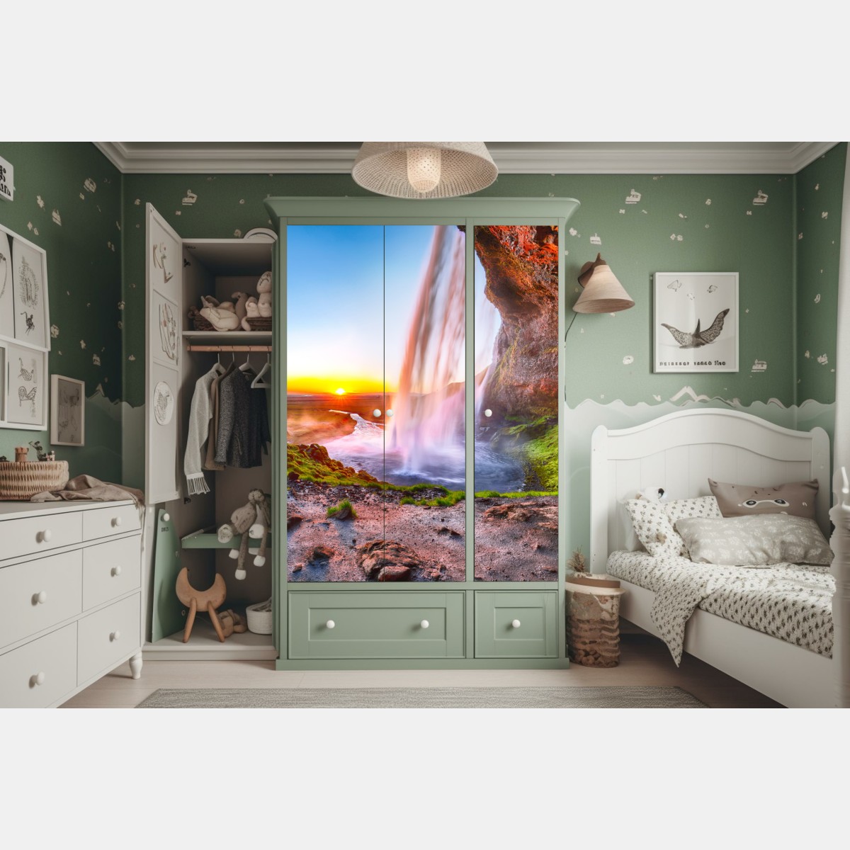 Naklejka na szafę Seljalandsfoss wodospad o zachodzie słońca – Wallissimo® Naklejka na szafę Seljalandsfoss wodospad o zachodzie słońca – Wallissimo®