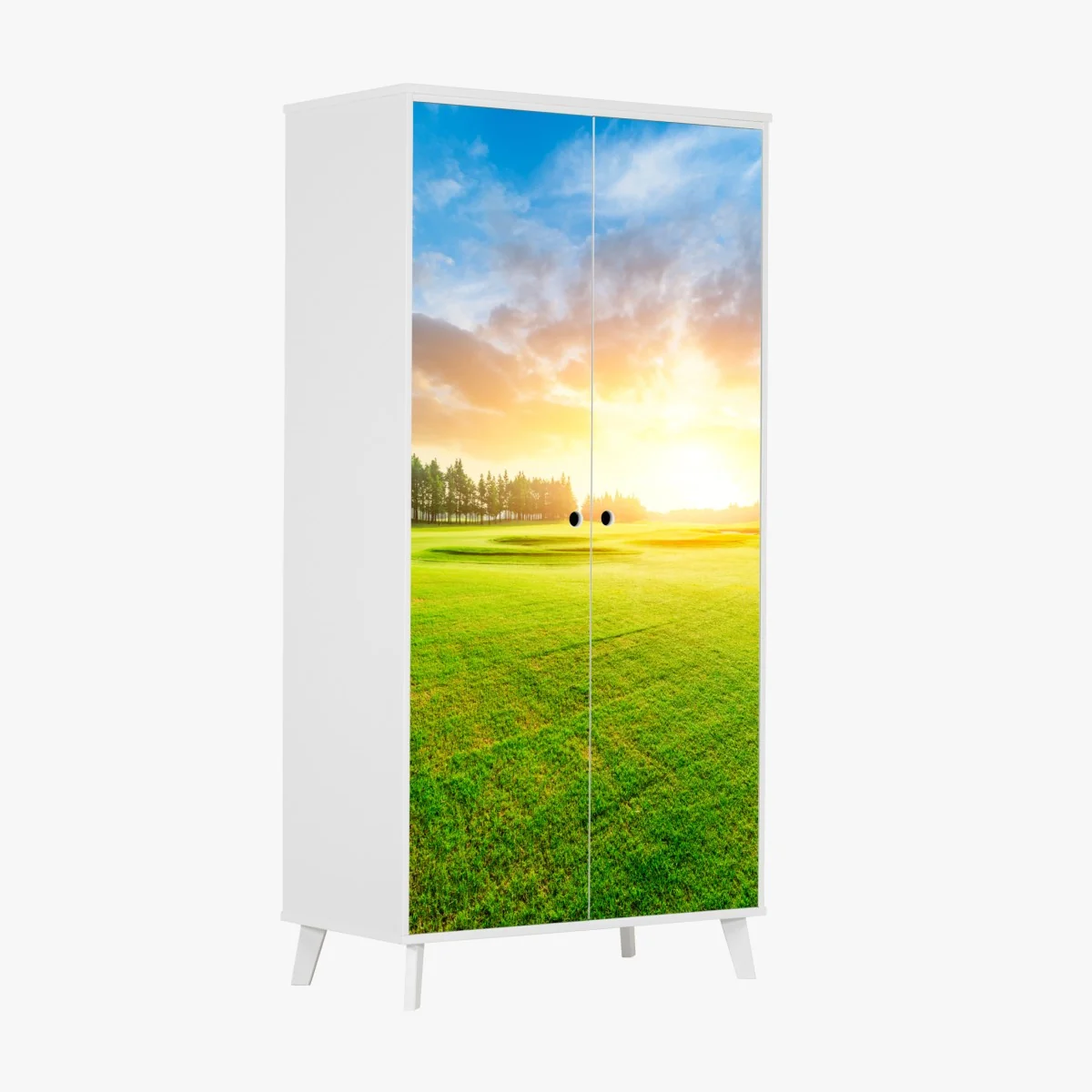 Naklejka na szafę słoneczna łąka i las o wschodzie słońca – Wallissimo® Naklejka na szafę słoneczna łąka i las o wschodzie słońca – Wallissimo®