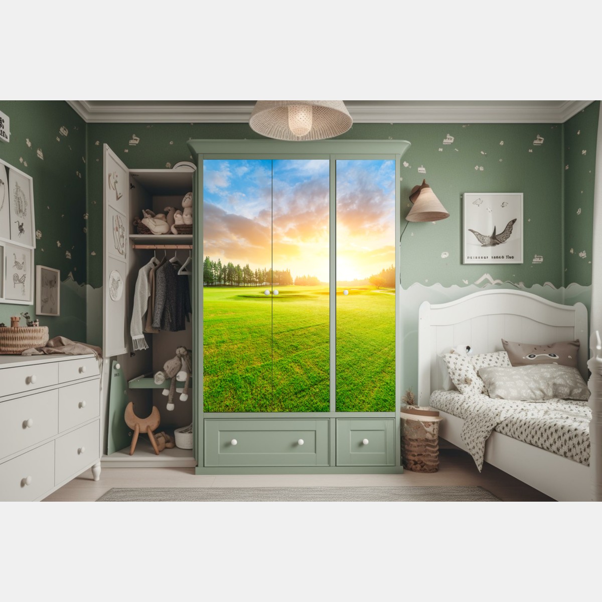 Naklejka na szafę słoneczna łąka i las o wschodzie słońca – Wallissimo® Naklejka na szafę słoneczna łąka i las o wschodzie słońca – Wallissimo®