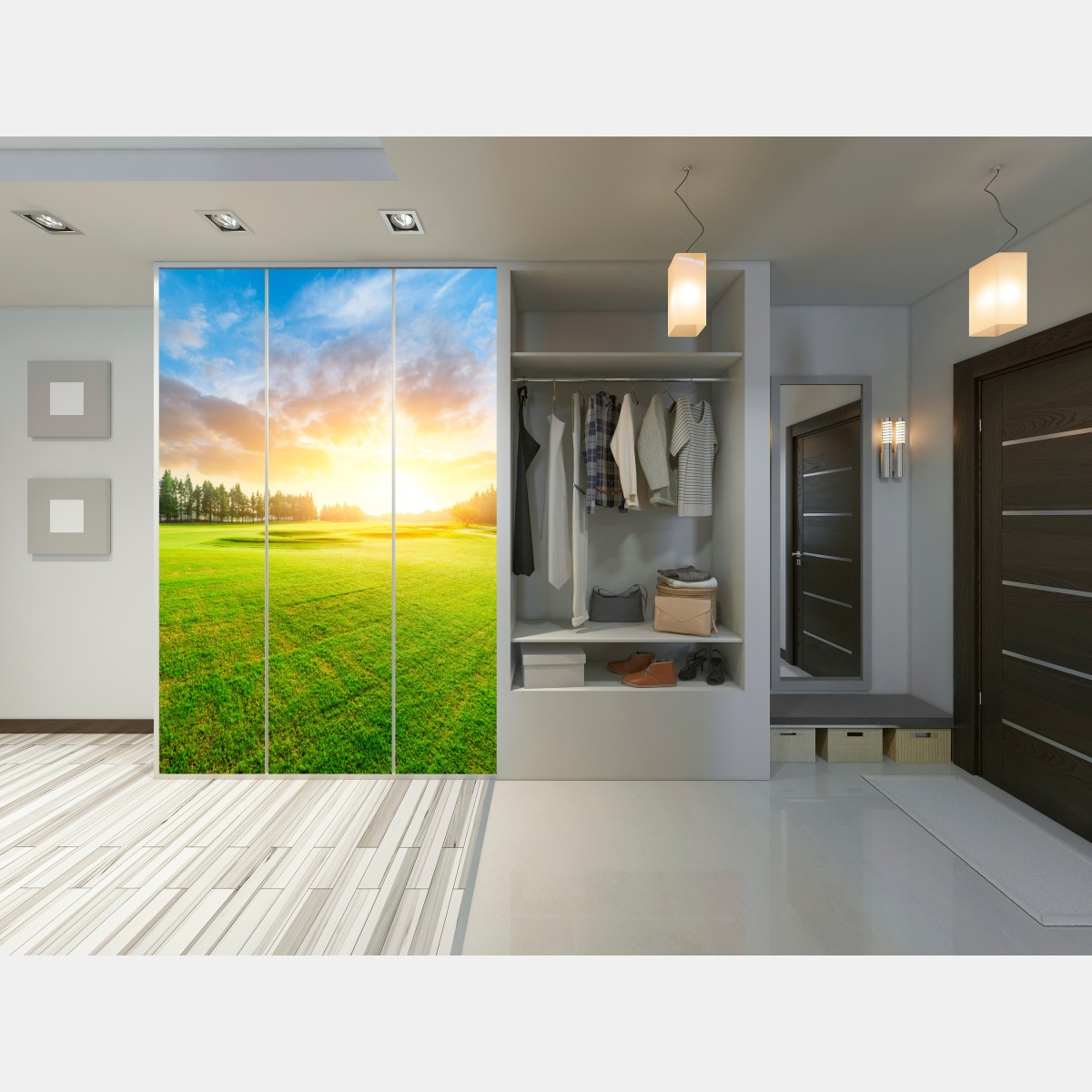 Naklejka na szafę słoneczna łąka i las o wschodzie słońca – Wallissimo® Naklejka na szafę słoneczna łąka i las o wschodzie słońca – Wallissimo®