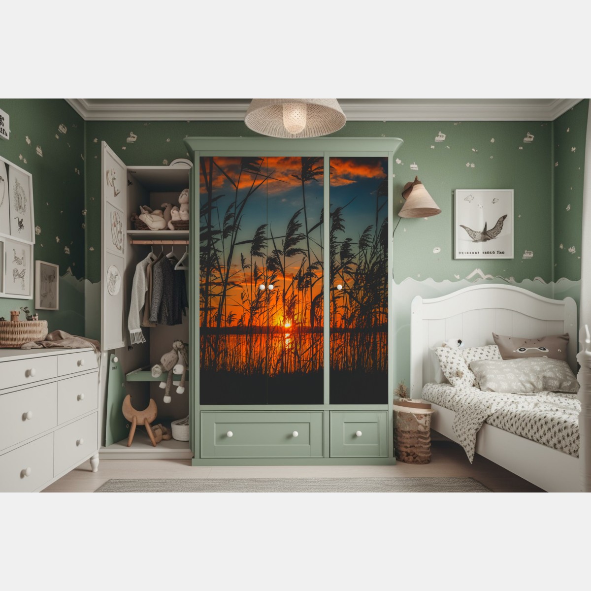 Naklejka na szafę zachód słońca nad jeziorem z sitowiem w sylwecie – Wallissimo® Naklejka na szafę zachód słońca nad jeziorem z sitowiem w sylwecie – Wallissimo®