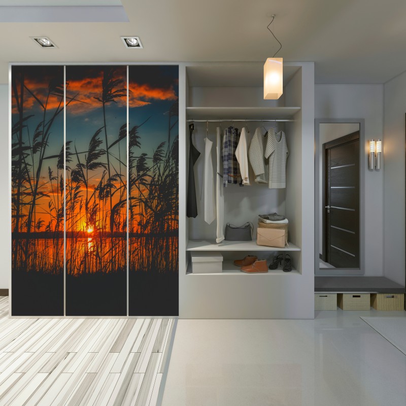 Naklejka na szafę zachód słońca nad jeziorem z sitowiem w sylwecie – Wallissimo® Naklejka na szafę zachód słońca nad jeziorem z sitowiem w sylwecie – Wallissimo®