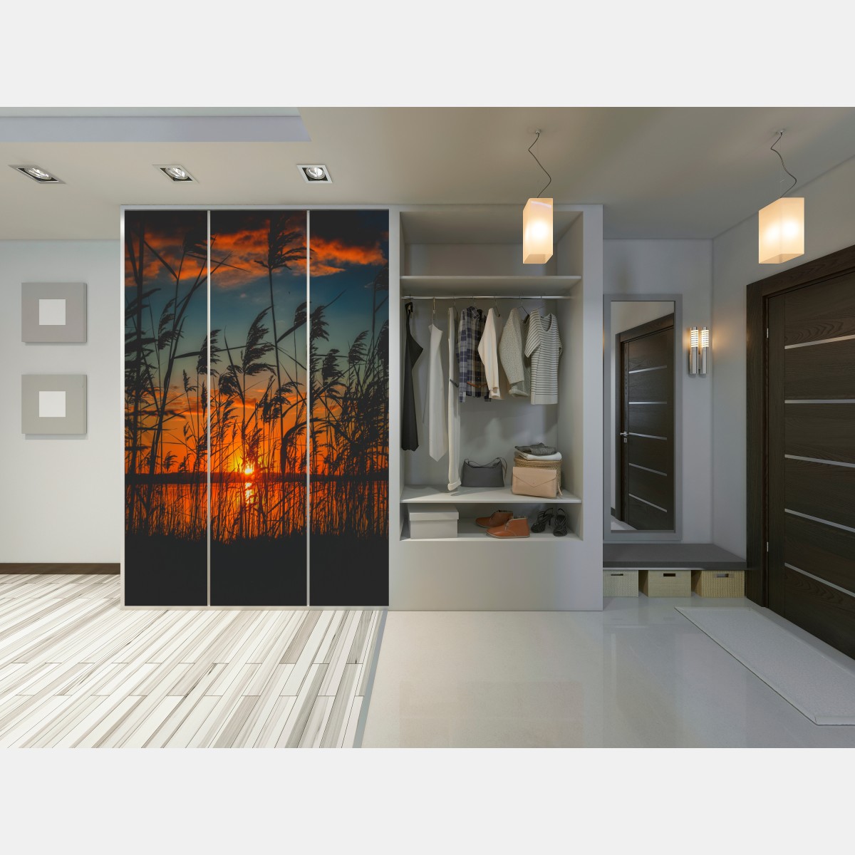 Naklejka na szafę zachód słońca nad jeziorem z sitowiem w sylwecie – Wallissimo® Naklejka na szafę zachód słońca nad jeziorem z sitowiem w sylwecie – Wallissimo®