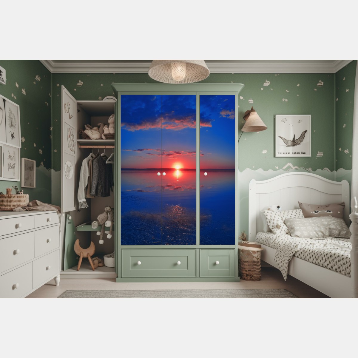 Naklejka na szafę zachód słońca nad spokojnym morzem z żywym odbiciem – Wallissimo® Naklejka na szafę zachód słońca nad spokojnym morzem z żywym odbiciem – Wallissimo®