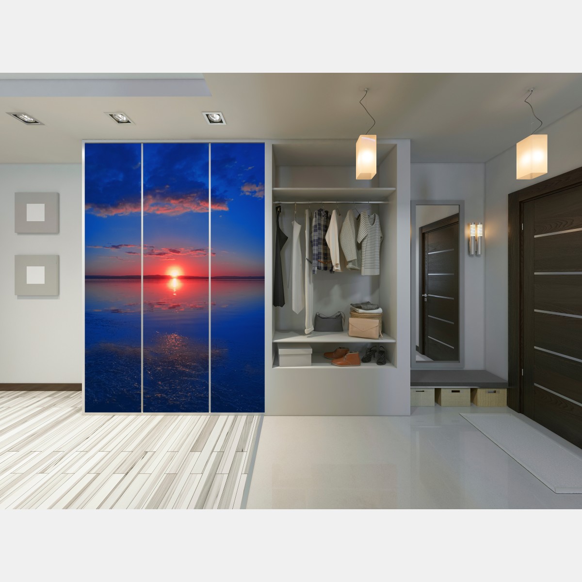 Naklejka na szafę zachód słońca nad spokojnym morzem z żywym odbiciem – Wallissimo® Naklejka na szafę zachód słońca nad spokojnym morzem z żywym odbiciem – Wallissimo®