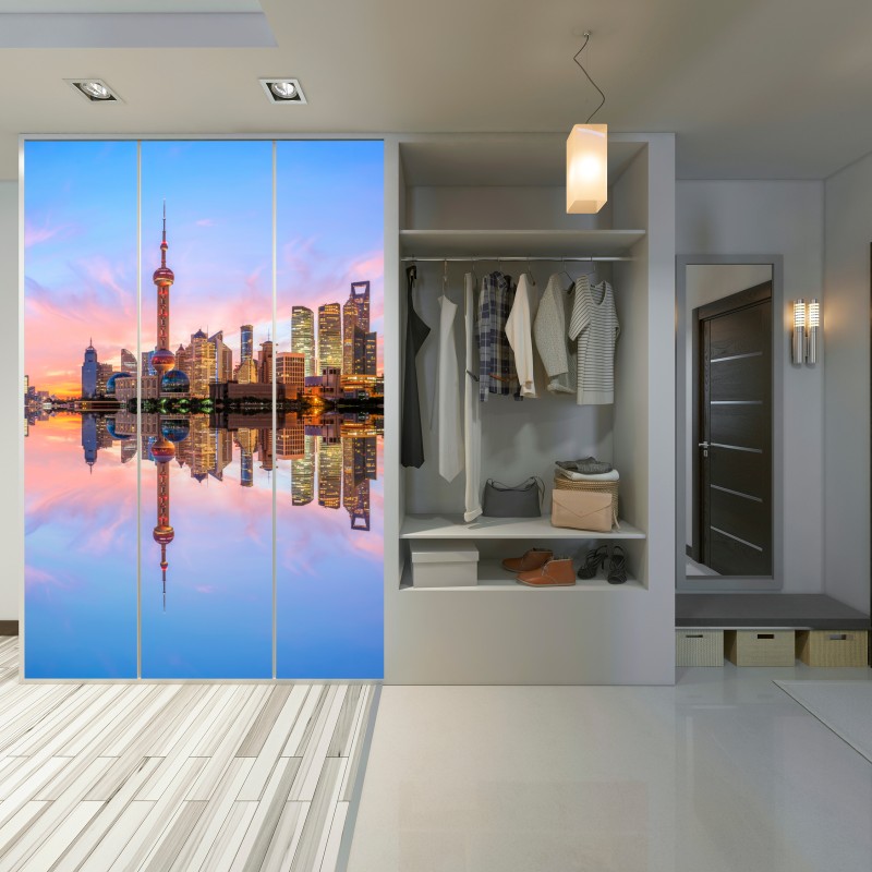 Naklejka na szafę Szanghaj o wschodzie słońca – Wallissimo® Naklejka na szafę Szanghaj o wschodzie słońca – Wallissimo®