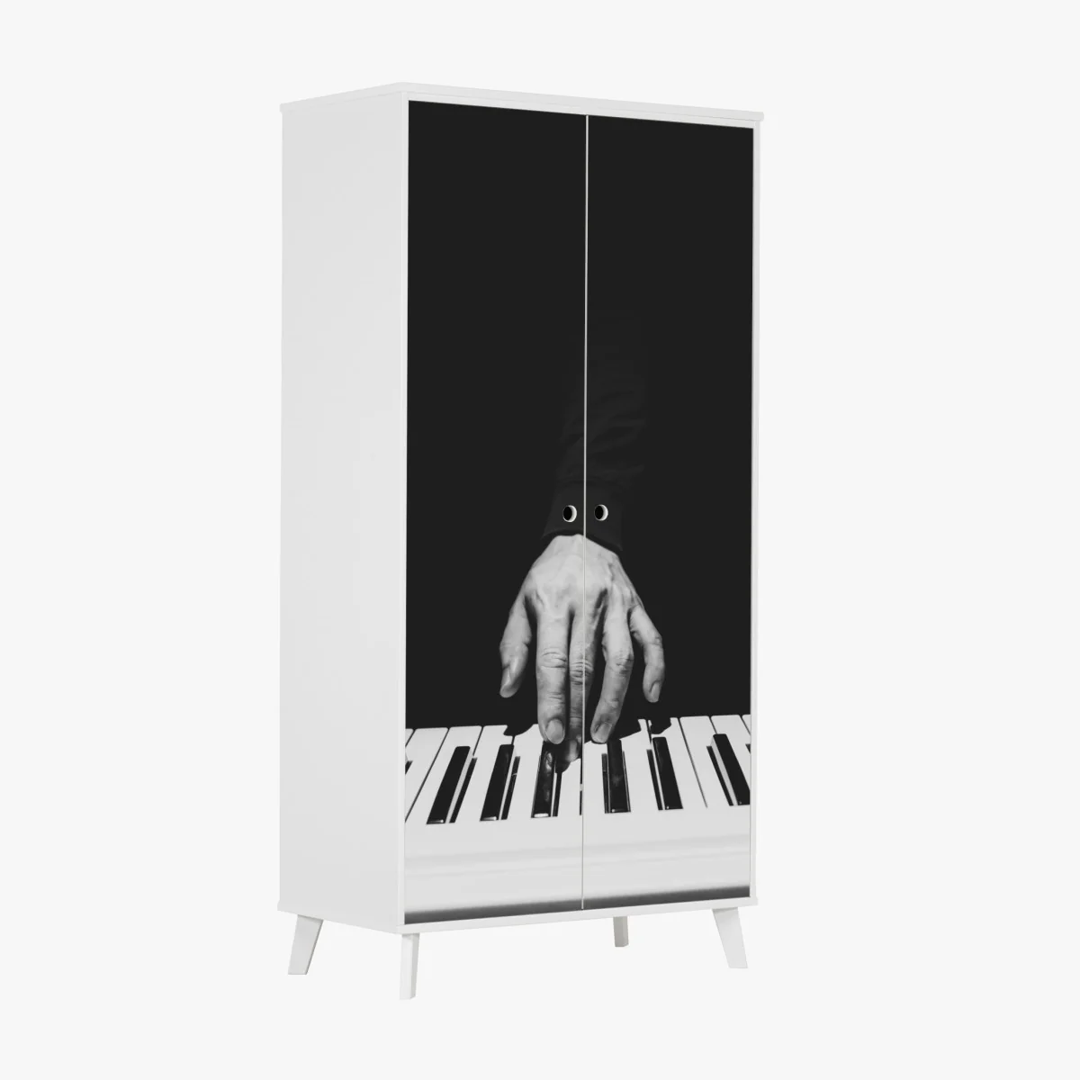 Naklejka na szafę monochromatyczne zbliżenie ręki przy pianinie – Wallissimo® Naklejka na szafę monochromatyczne zbliżenie ręki przy pianinie – Wallissimo®