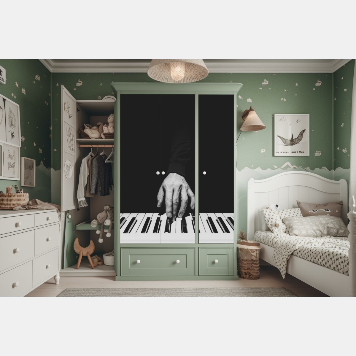 Naklejka na szafę monochromatyczne zbliżenie ręki przy pianinie – Wallissimo® Naklejka na szafę monochromatyczne zbliżenie ręki przy pianinie – Wallissimo®