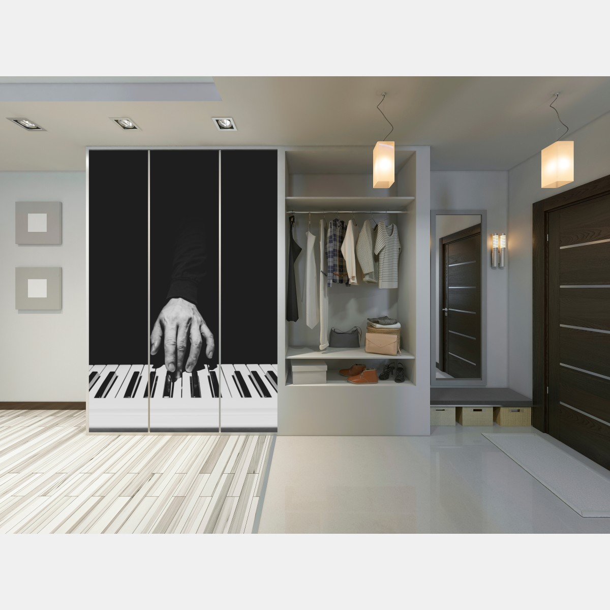 Naklejka na szafę monochromatyczne zbliżenie ręki przy pianinie – Wallissimo® Naklejka na szafę monochromatyczne zbliżenie ręki przy pianinie – Wallissimo®