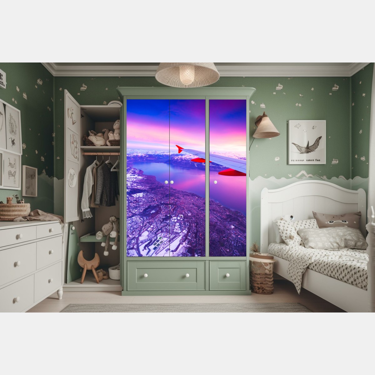 Naklejka na szafę panorama miasta nad jeziorem z lotu ptaka o zachodzie – Wallissimo® Naklejka na szafę panorama miasta nad jeziorem z lotu ptaka o zachodzie – Wallissimo®