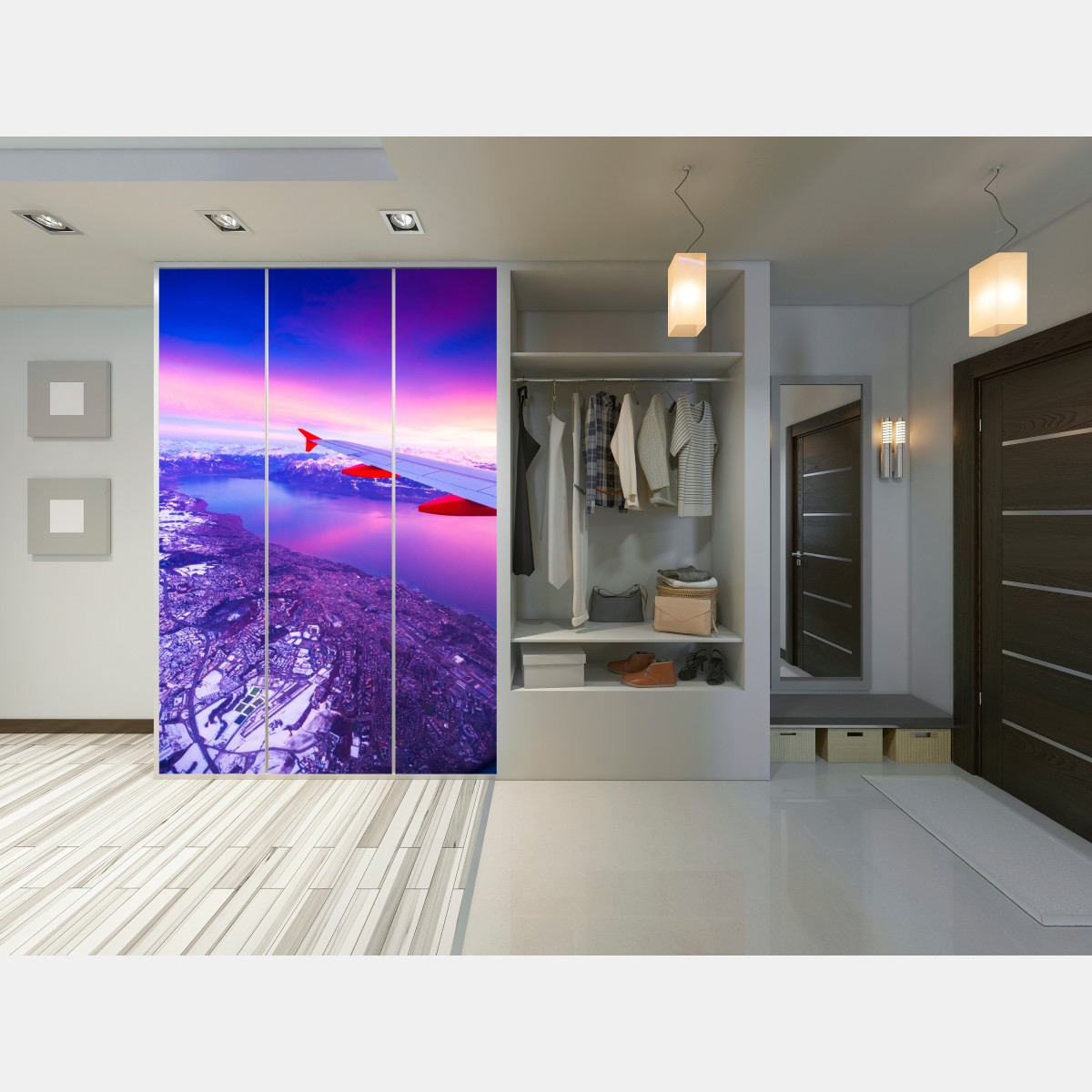 Naklejka na szafę panorama miasta nad jeziorem z lotu ptaka o zachodzie – Wallissimo® Naklejka na szafę panorama miasta nad jeziorem z lotu ptaka o zachodzie – Wallissimo®