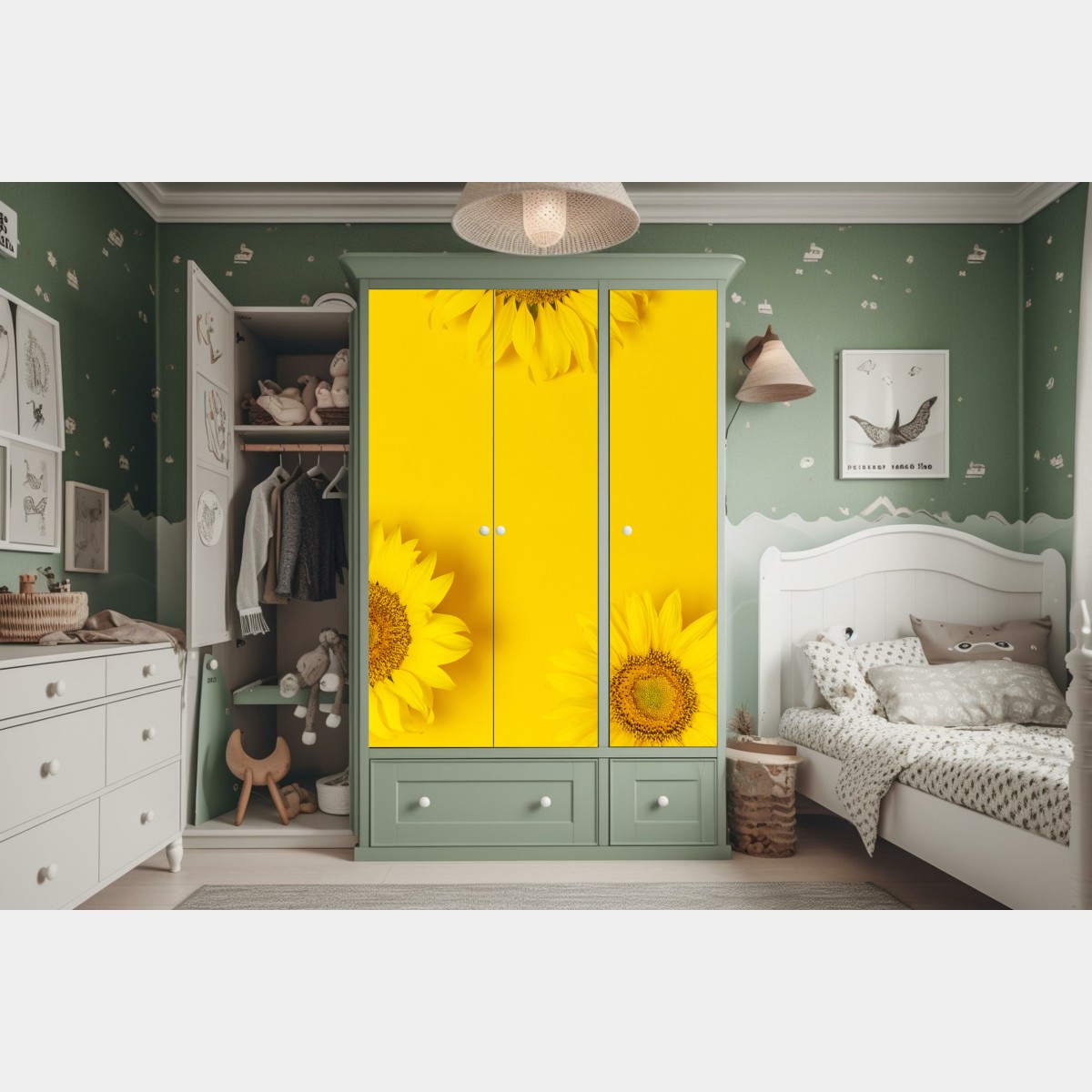 Naklejka na szafę trio słoneczników na żółtym tle – Wallissimo® Naklejka na szafę trio słoneczników na żółtym tle – Wallissimo®