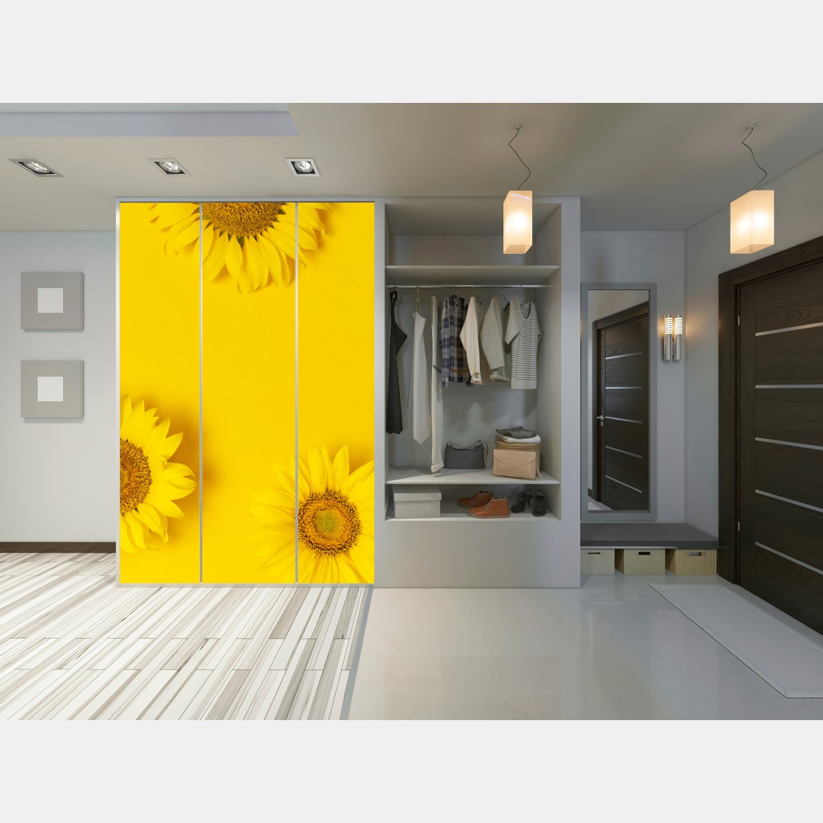 Naklejka na szafę trio słoneczników na żółtym tle – Wallissimo® Naklejka na szafę trio słoneczników na żółtym tle – Wallissimo®