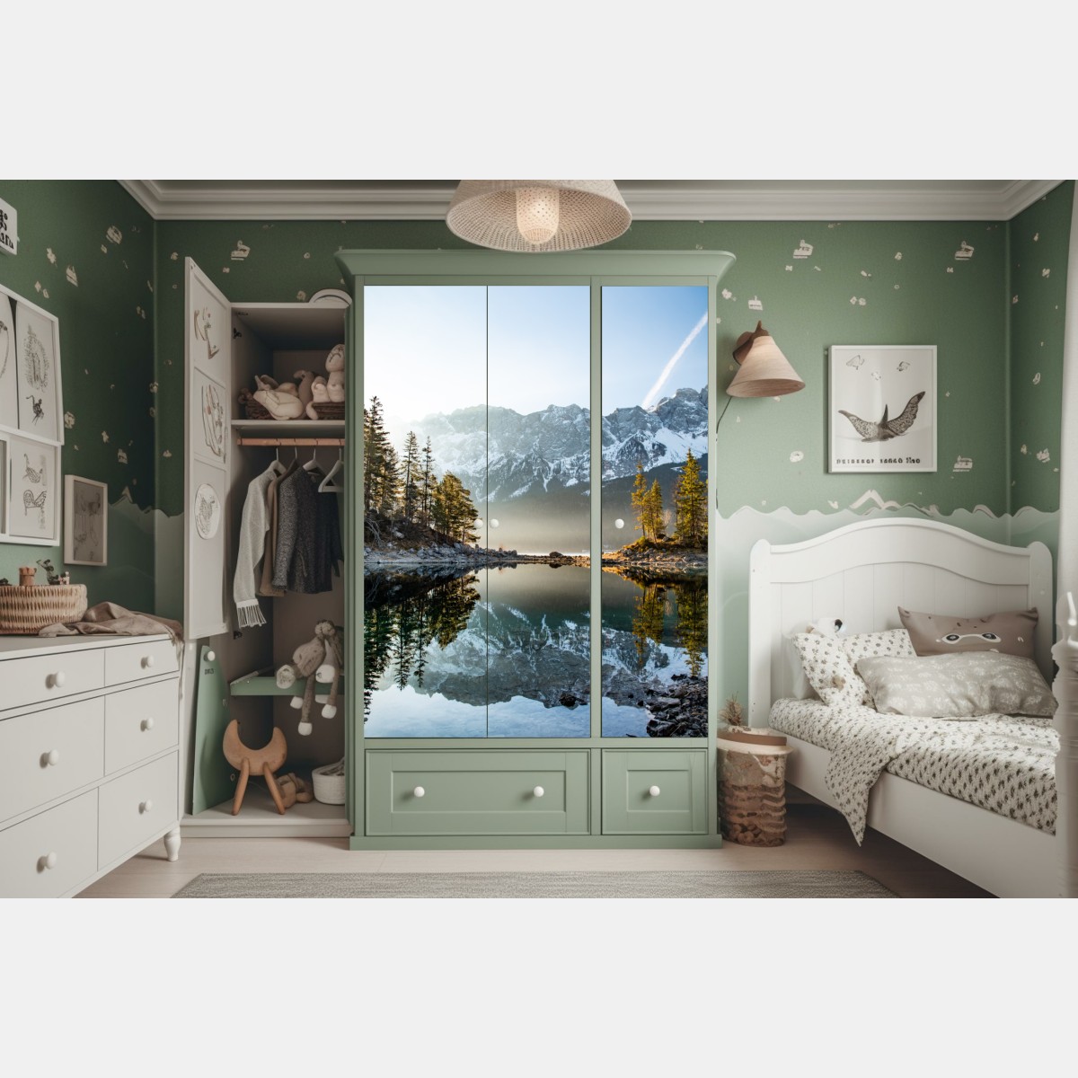 Naklejka na szafę odbicie górskie na jeziorze o poranku – Wallissimo® Naklejka na szafę odbicie górskie na jeziorze o poranku – Wallissimo®