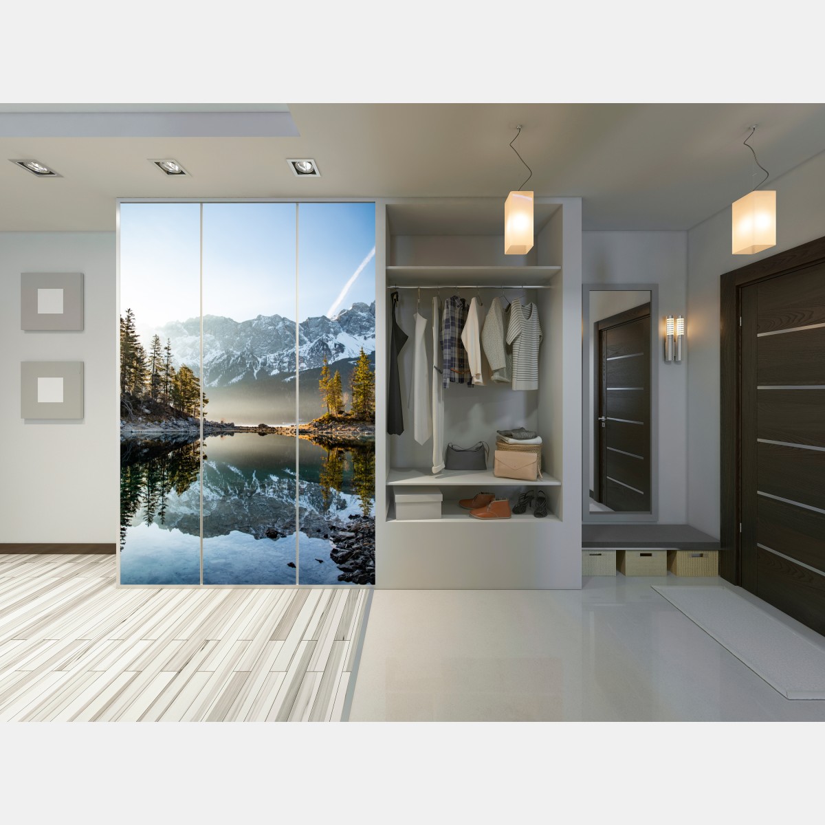 Naklejka na szafę odbicie górskie na jeziorze o poranku – Wallissimo® Naklejka na szafę odbicie górskie na jeziorze o poranku – Wallissimo®