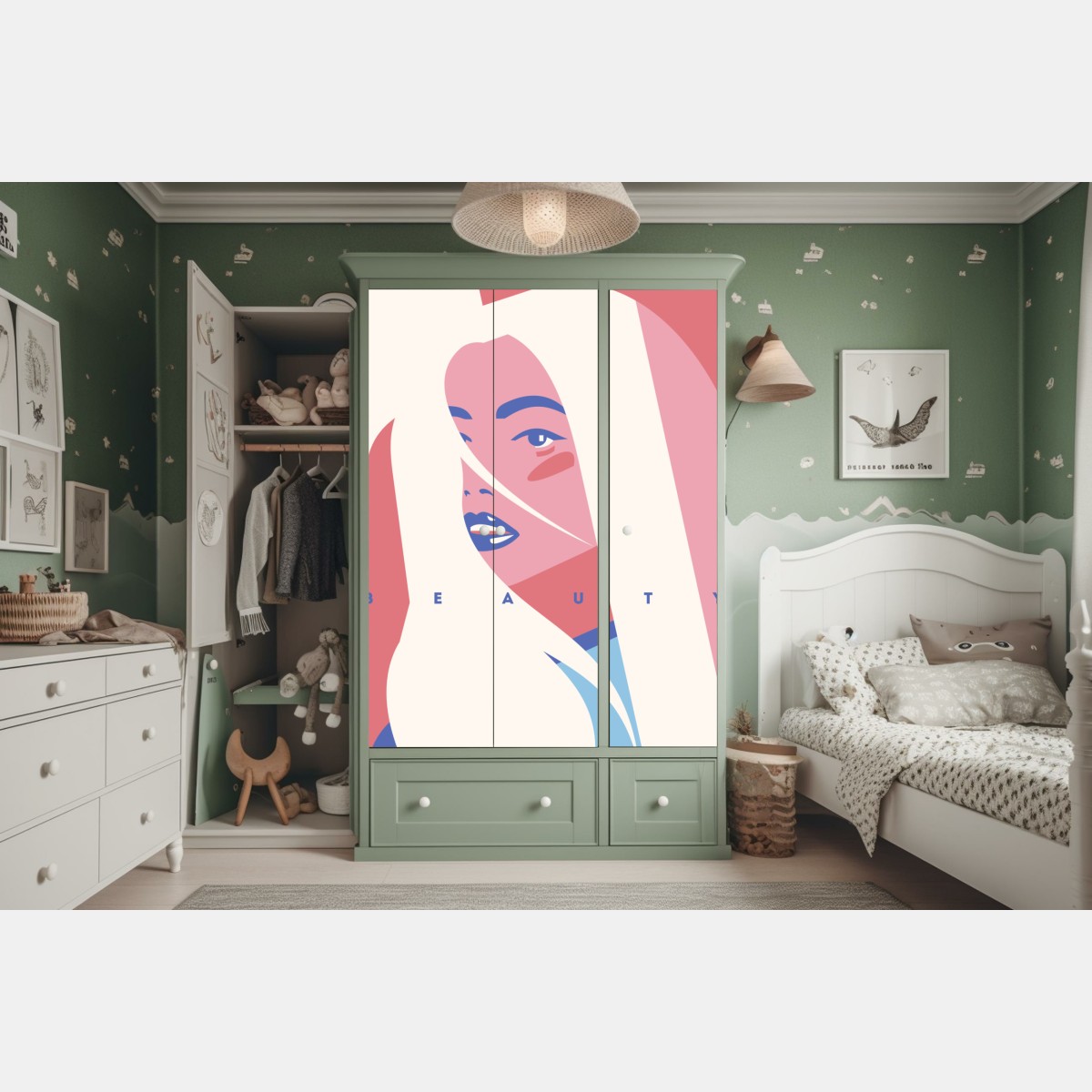 Naklejka na szafę pastelowy pop-artowy portret piękna – Wallissimo® Naklejka na szafę pastelowy pop-artowy portret piękna – Wallissimo®