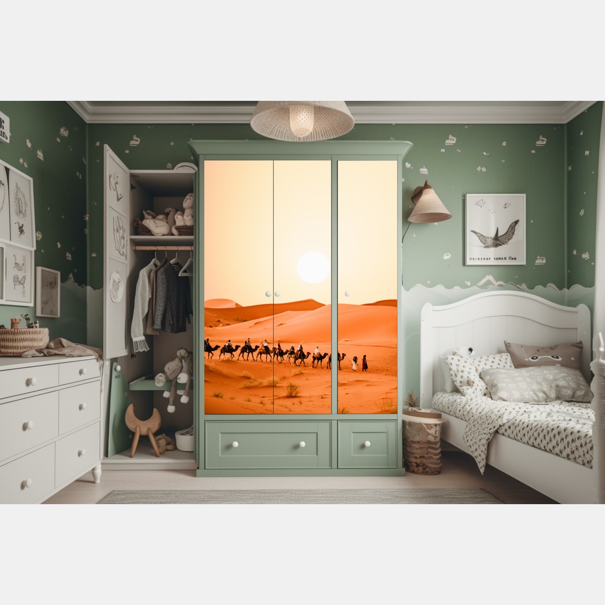 Naklejka na szafę karawana wielbłądów o zachodzie słońca na pustyni – Wallissimo® Naklejka na szafę karawana wielbłądów o zachodzie słońca na pustyni – Wallissimo®