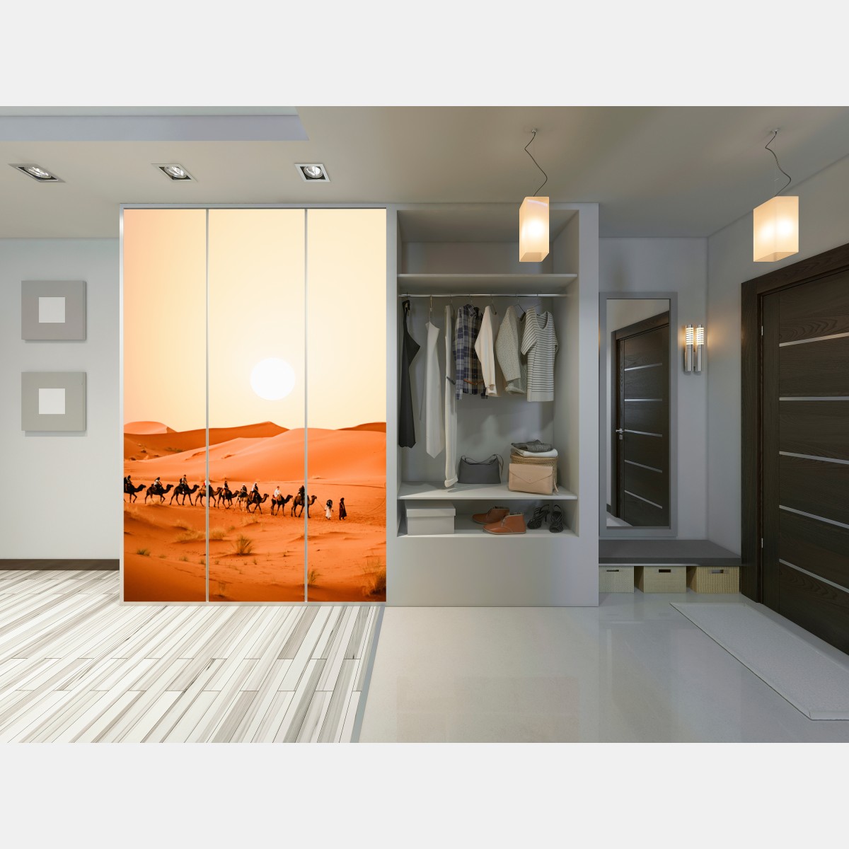 Naklejka na szafę karawana wielbłądów o zachodzie słońca na pustyni – Wallissimo® Naklejka na szafę karawana wielbłądów o zachodzie słońca na pustyni – Wallissimo®