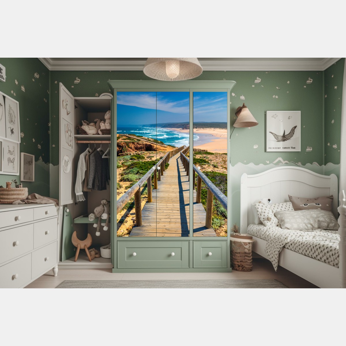 Naklejka na szafę drewniany pomost prowadzący na plażę Praia da Bordeira – Wallissimo® Naklejka na szafę drewniany pomost prowadzący na plażę Praia da Bordeira – Wallissimo®