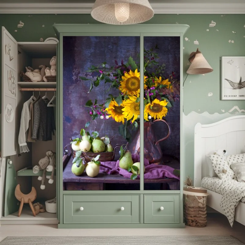 Naklejka na szafę jasny bukiet słoneczników na żółtym tle – Wallissimo®