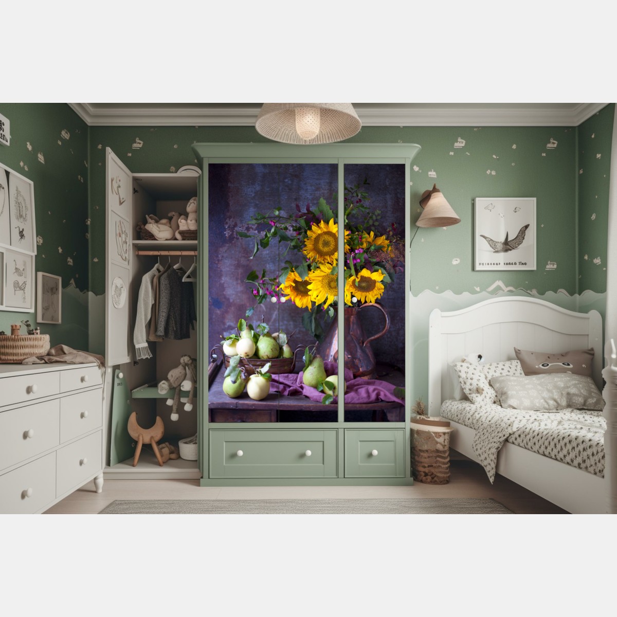 Naklejka na szafę słoneczniki i gruszki rustykalna martwa natura – Wallissimo® Naklejka na szafę słoneczniki i gruszki rustykalna martwa natura – Wallissimo®