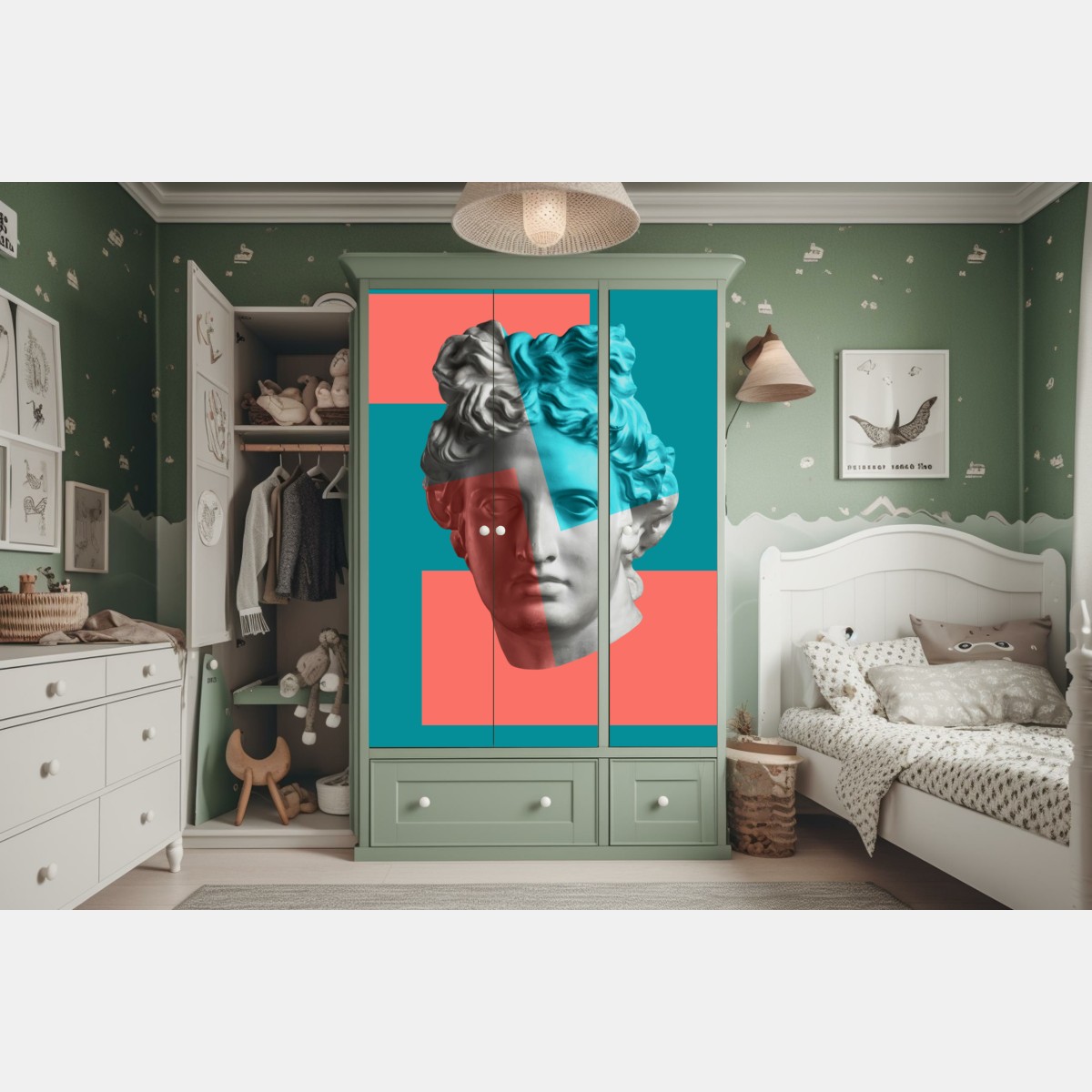 Naklejka na szafę duotonalna rzeźba głowy w kolażu – Wallissimo® Naklejka na szafę duotonalna rzeźba głowy w kolażu – Wallissimo®
