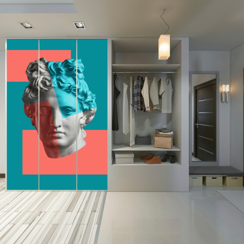 Naklejka na szafę duotonalna rzeźba głowy w kolażu – Wallissimo® Naklejka na szafę duotonalna rzeźba głowy w kolażu – Wallissimo®