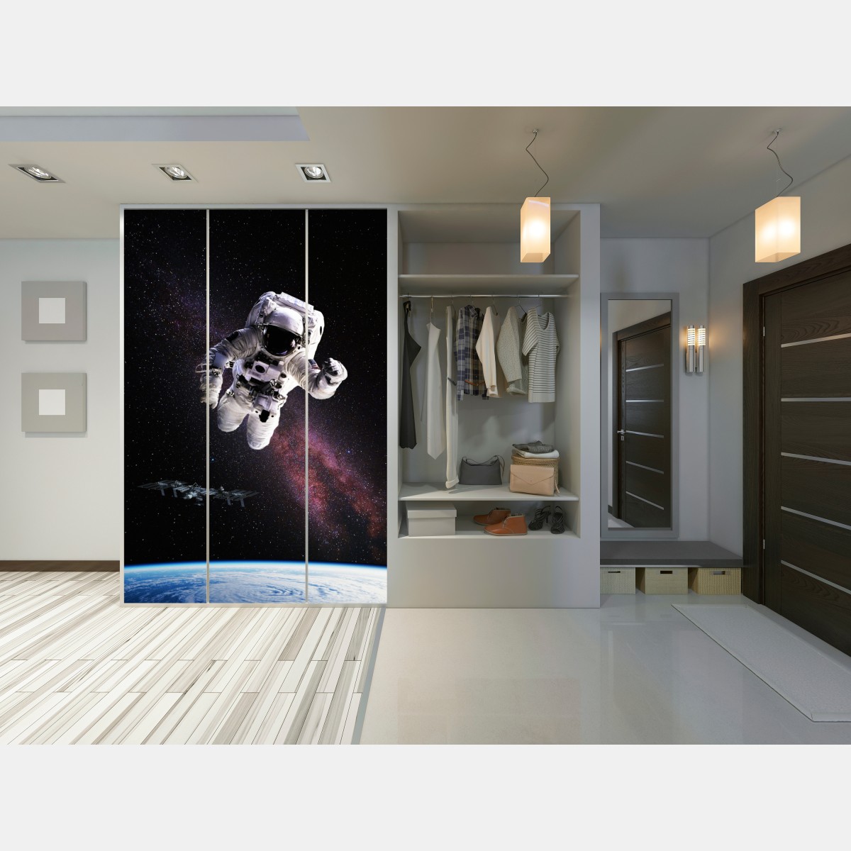 Naklejka na szafę astronauta nad Ziemią i galaktyką – Wallissimo® Naklejka na szafę astronauta nad Ziemią i galaktyką – Wallissimo®
