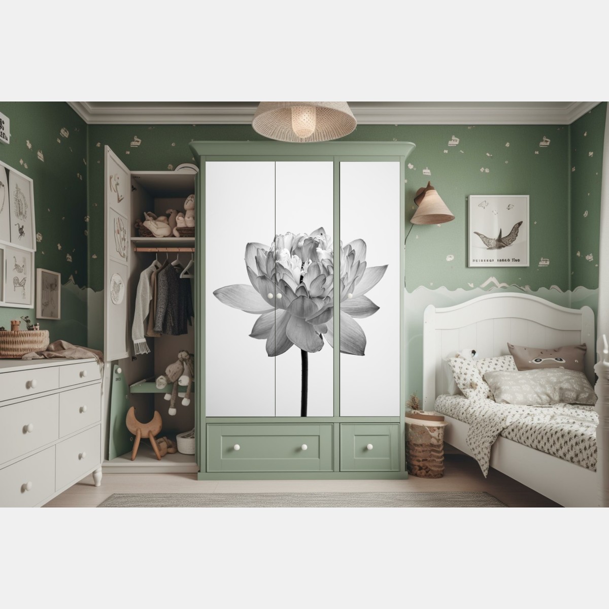 Naklejka na szafę spokojny lotos w odcieniach szarości – Wallissimo® Naklejka na szafę spokojny lotos w odcieniach szarości – Wallissimo®