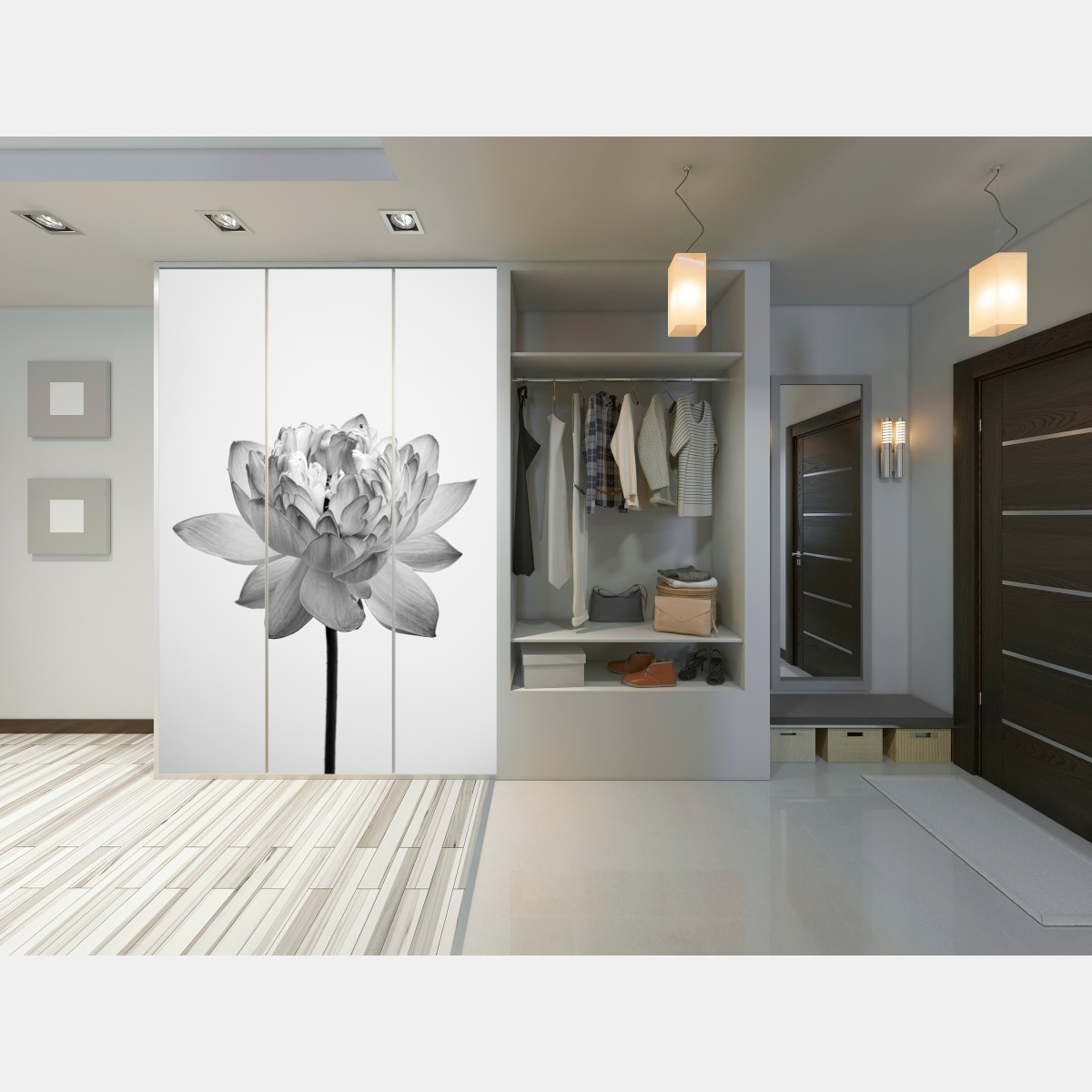 Naklejka na szafę spokojny lotos w odcieniach szarości – Wallissimo® Naklejka na szafę spokojny lotos w odcieniach szarości – Wallissimo®