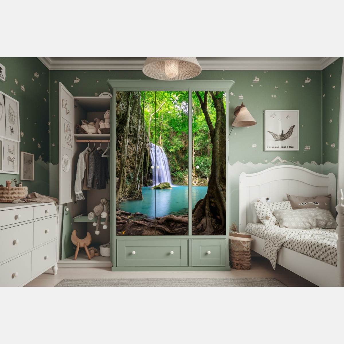 Naklejka na szafę spokojny wodospad w Parku Narodowym Erawan – Wallissimo® Naklejka na szafę spokojny wodospad w Parku Narodowym Erawan – Wallissimo®