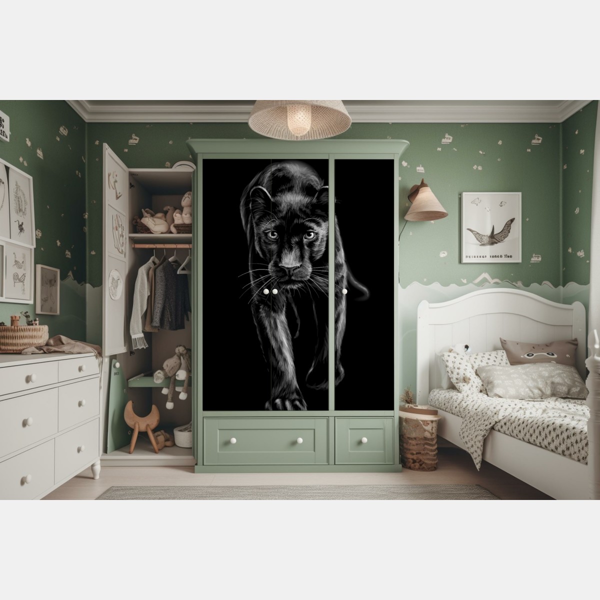 Naklejka na szafę krocząca czarna pantera ilustracja – Wallissimo® Naklejka na szafę krocząca czarna pantera ilustracja – Wallissimo®