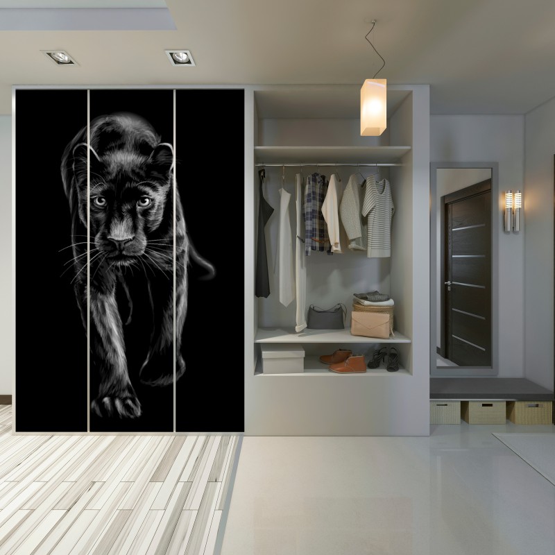 Naklejka na szafę krocząca czarna pantera ilustracja – Wallissimo® Naklejka na szafę krocząca czarna pantera ilustracja – Wallissimo®
