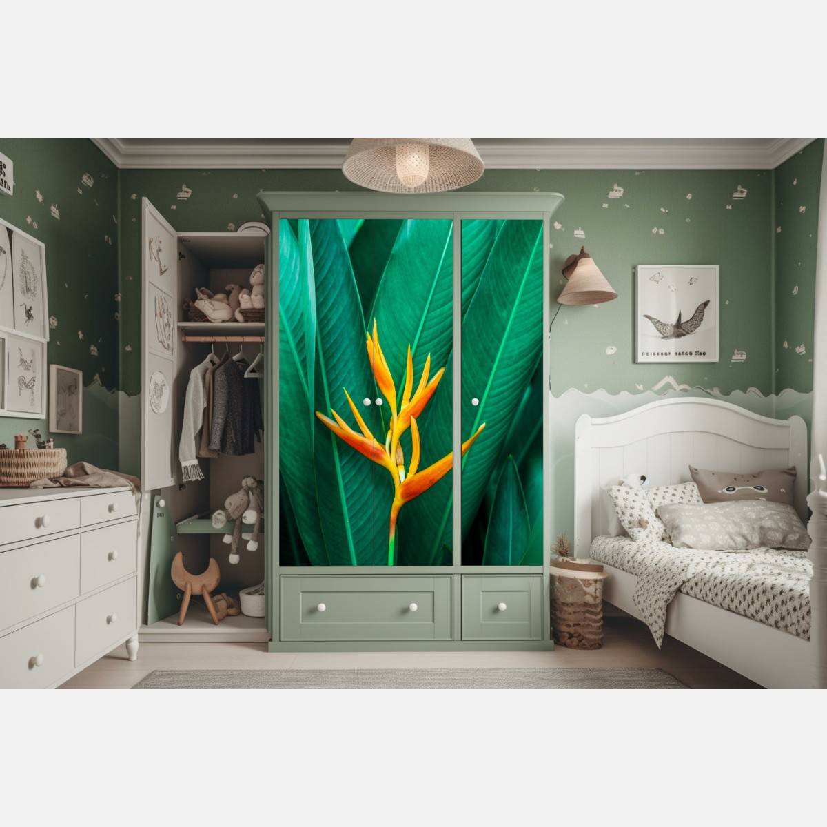 Naklejka na szafę intensywny tropikalny ptak rajski na zielonych liściach – Wallissimo® Naklejka na szafę intensywny tropikalny ptak rajski na zielonych liściach – Wallissimo®