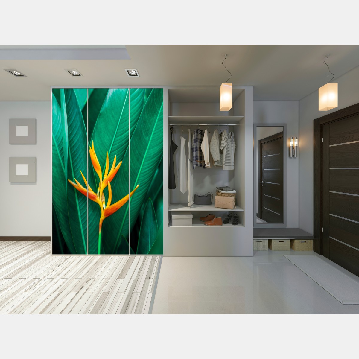 Naklejka na szafę intensywny tropikalny ptak rajski na zielonych liściach – Wallissimo® Naklejka na szafę intensywny tropikalny ptak rajski na zielonych liściach – Wallissimo®