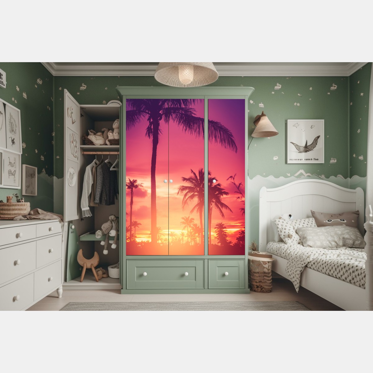 Naklejka na szafę tropikalny zachód słońca z palmami – Wallissimo® Naklejka na szafę tropikalny zachód słońca z palmami – Wallissimo®