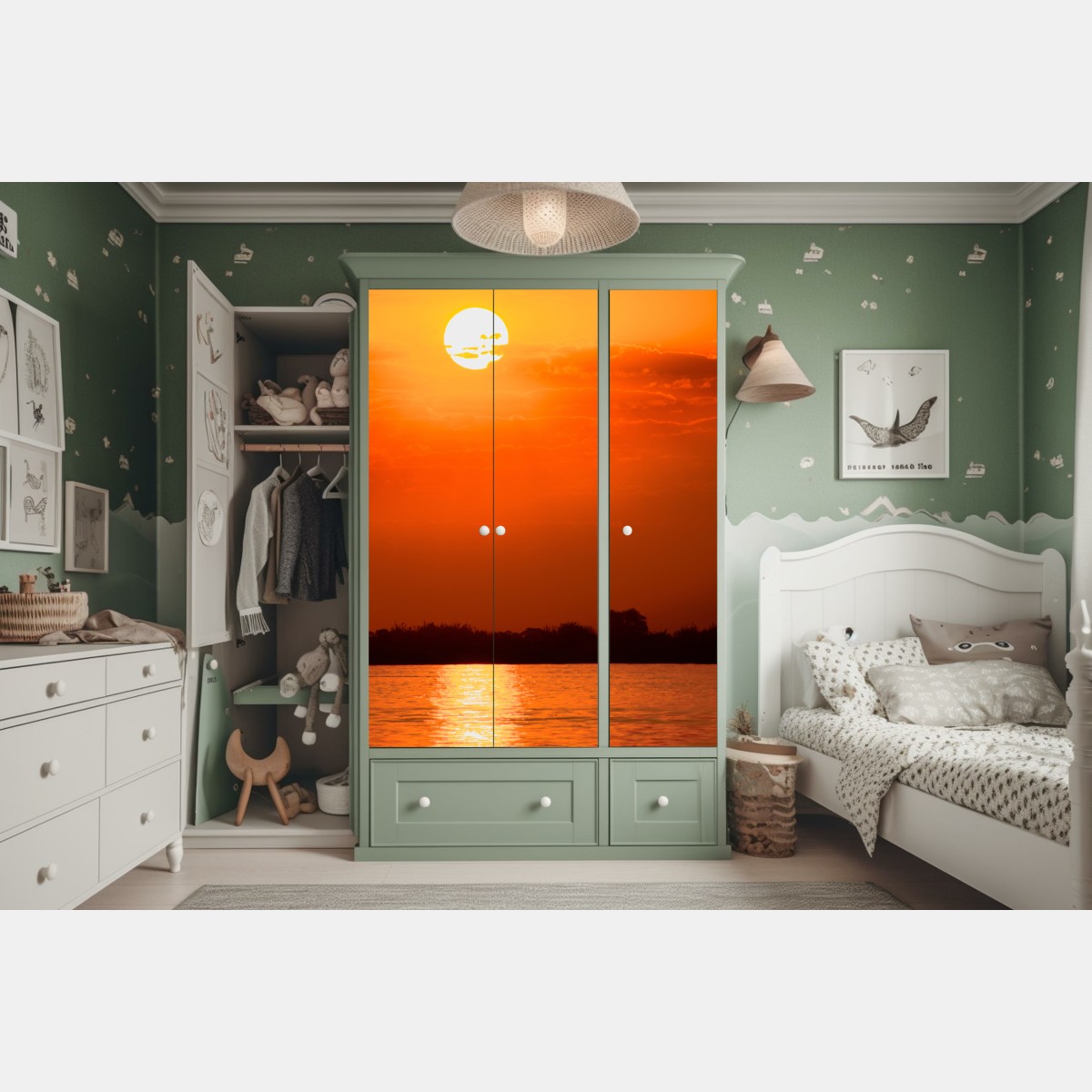 Naklejka na szafę złoty zachód słońca nad spokojnym jeziorem – Wallissimo® Naklejka na szafę złoty zachód słońca nad spokojnym jeziorem – Wallissimo®