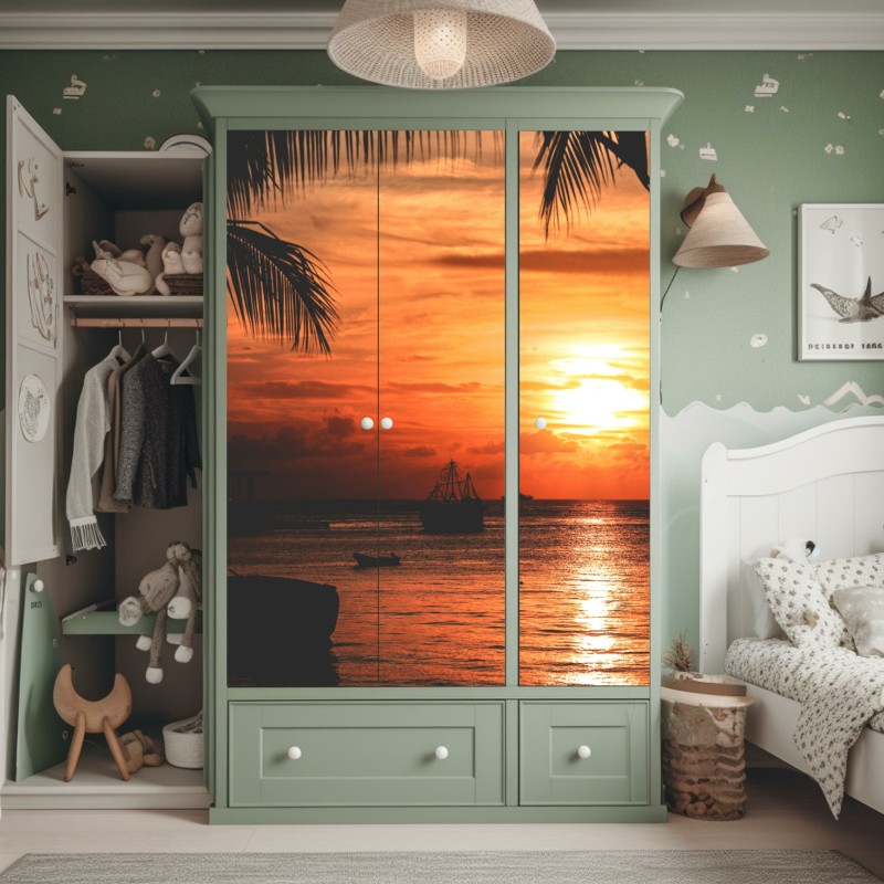 Naklejka na szafę tropikalny zachód słońca z palmami – Wallissimo®