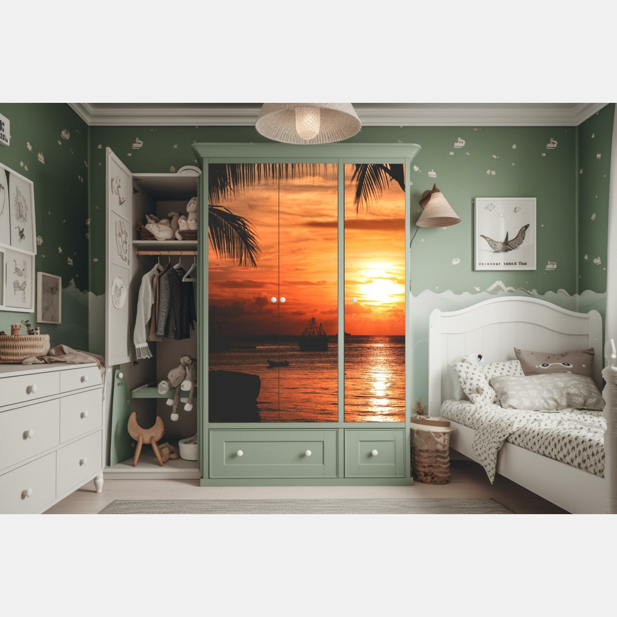 Naklejka na szafę tropikalny zachód słońca nad morzem – Wallissimo® Naklejka na szafę tropikalny zachód słońca nad morzem – Wallissimo®