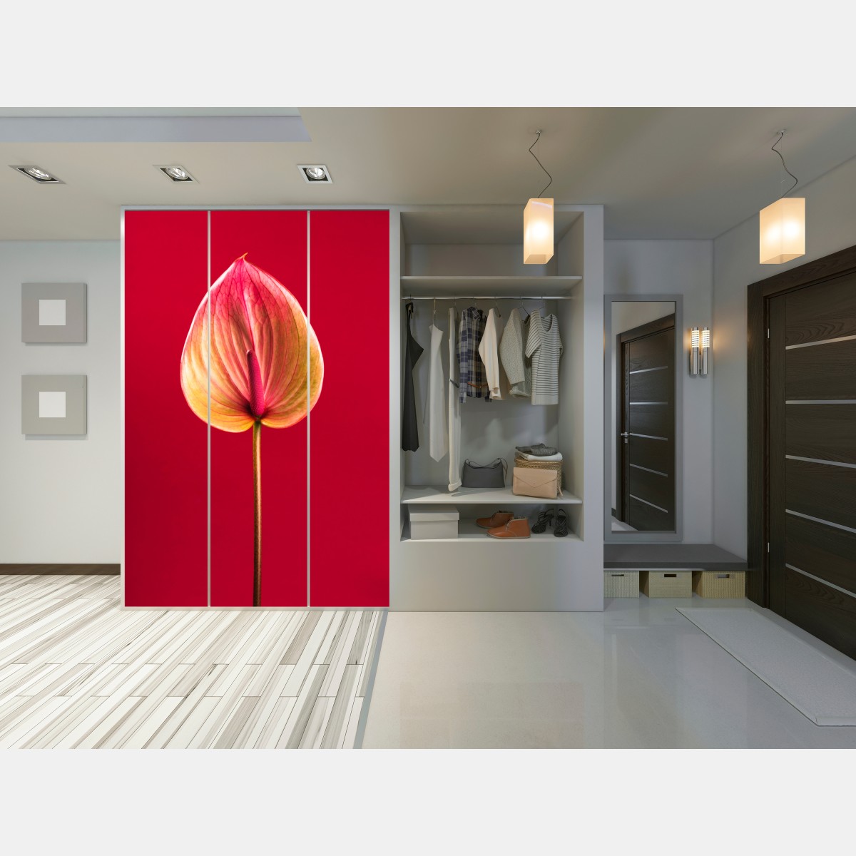 Naklejka na szafę eleganckie anturium na czerwonym tle – Wallissimo® Naklejka na szafę eleganckie anturium na czerwonym tle – Wallissimo®