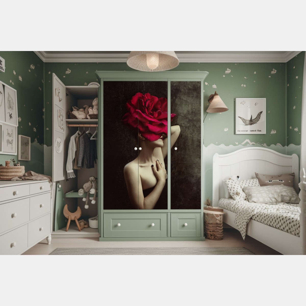 Naklejka na szafę kobieta z głową z róży surrealistyczny portret – Wallissimo® Naklejka na szafę kobieta z głową z róży surrealistyczny portret – Wallissimo®