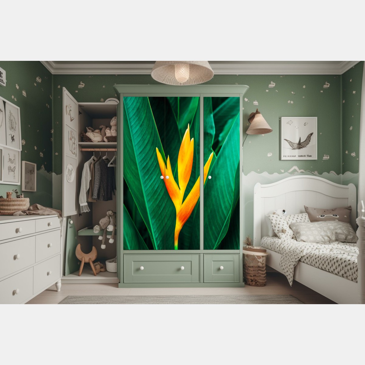 Naklejka na szafę żywy tropikalny kwiat heliconia na tle zielonych liści – Wallissimo® Naklejka na szafę żywy tropikalny kwiat heliconia na tle zielonych liści – Wallissimo®