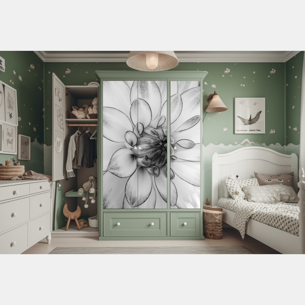 Naklejka na szafę monochromatyczne zbliżenie dalii – Wallissimo® Naklejka na szafę monochromatyczne zbliżenie dalii – Wallissimo®