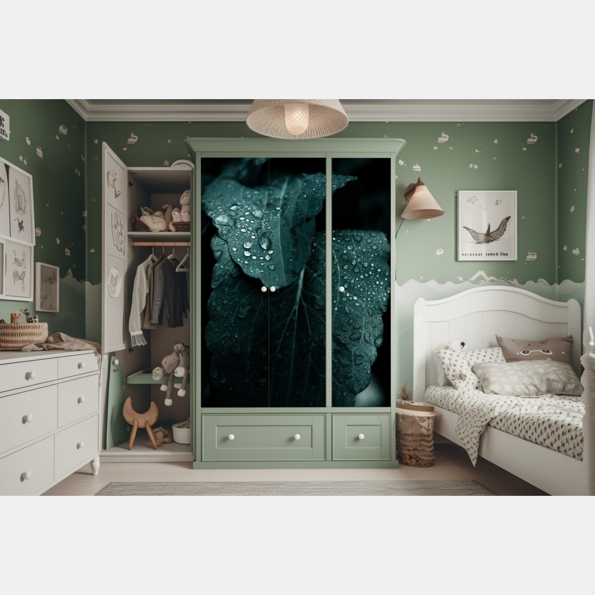 Naklejka na szafę krople rosy na liściach – Wallissimo® Naklejka na szafę krople rosy na liściach – Wallissimo®