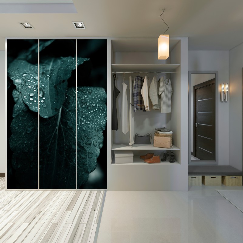 Naklejka na szafę krople rosy na liściach – Wallissimo® Naklejka na szafę krople rosy na liściach – Wallissimo®