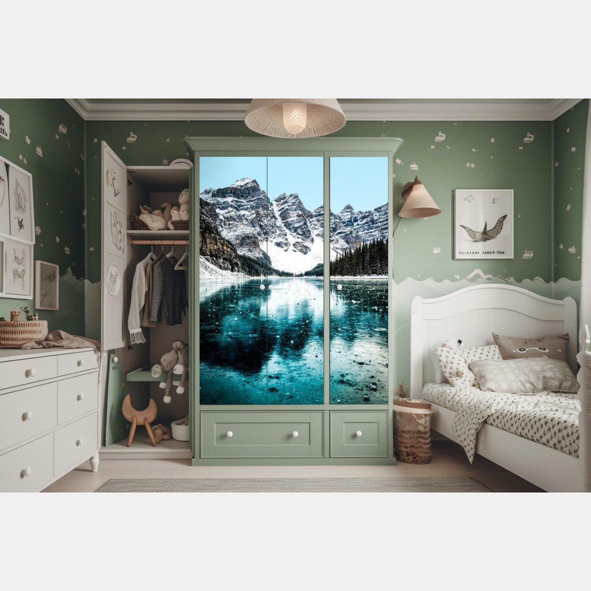 Naklejka na szafę lodowe turkusowe odbicie gór – Wallissimo® Naklejka na szafę lodowe turkusowe odbicie gór – Wallissimo®